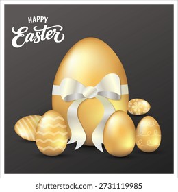 Cartel de huevo de Pascua y Plantilla de Anuncio con huevos de Pascua dorados. Plantilla de venta de Festiva con Elementos realistas de Pascua en estilo lujoso dorado con Formas geométricas sobre fondo crema y negro.