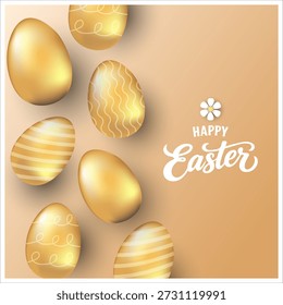 Easter egg poster and banner template with Golden easter eggs. Holiday sale template with realistic Easter elements in golden luxury style with geometric shapes on cream and black background.