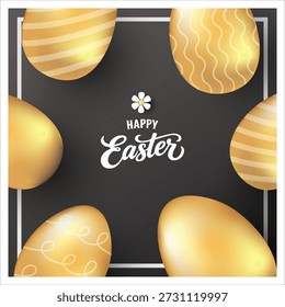 Easter egg poster and banner template with Golden easter eggs. Holiday sale template with realistic Easter elements in golden luxury style with geometric shapes on cream and black background.