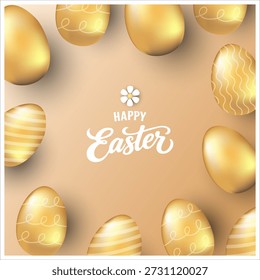 Easter egg poster and banner template with Golden easter eggs. Holiday sale template with realistic Easter elements in golden luxury style with geometric shapes on cream and black background.