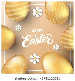 Easter egg poster and banner template with Golden easter eggs. Holiday sale template with realistic Easter elements in golden luxury style with geometric shapes on cream and black background.