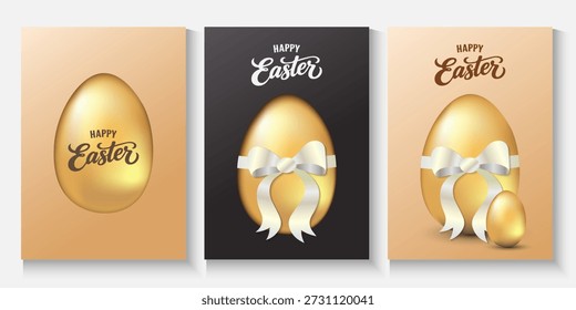 Cartel de huevo de Pascua y Plantilla de Anuncio con huevos de Pascua dorados. Plantilla de venta de Festiva con Elementos realistas de Pascua en estilo lujoso dorado con Formas geométricas sobre fondo crema y negro.