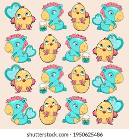 Easter egg poster invitation template vector in pastel color, cute Chicken and Unicorn seamless pattern