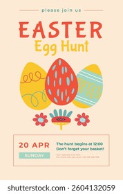Easter egg poster or invitation template. Perfect for kids' events, festive invitations, and Easter-themed designs. Vector illustration.