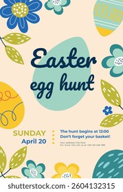 Easter egg poster or invitation template. Perfect for kids' events, festive invitations, and Easter-themed designs. Vector illustration.