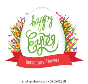 Easter egg poster with label. Springtime flowers