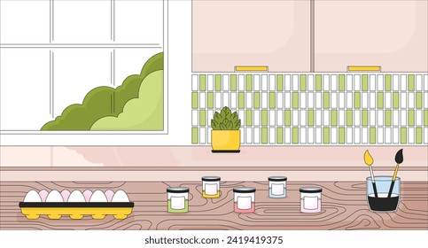 Easter egg preparation in kitchen line cartoon flat illustration. Paintbrush paints, crate eggs on table 2D lineart interior background. Springtime festive paschal scene vector color image