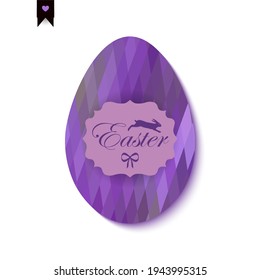 Easter egg of purple rhombuses on white background with decorative badge of bunny and bow. Easter design. All isolated and layered