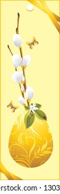 Easter egg and pussy willow branch. Festive card. Vector