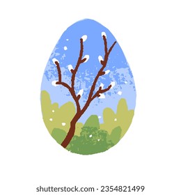Easter egg with pussy willow branch. Cuddly catkins flowers on tree twig, spring nature drawing for religious Christian holiday. Modern flat vector illustration isolated on white background