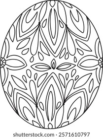 Easter egg (pysanka) with intricate floral and geometric patterns,in minimalistic outline vector style. The symmetrical black line art captures the elegance