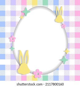 Easter Egg Rabbit Bunny Flower Shape Frame Border Rainbow Pastel Abstract 3D Layer Cutout Paper Checkered Gingham Pattern Square Background  Crop Web Banner Marketing Advertising Template Blank Space