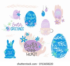 Easter egg and rabbit clipart set. Traditional symbols, hands and cute baby bunny character decorated with flowers for kids party decoration.