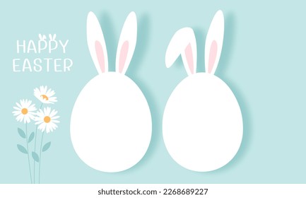 Easter egg, rabbit ears, hand written fonts and daisy flower on green mint background vector illustration.