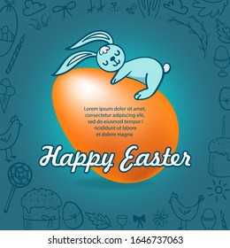 Huevo de Pascua con conejo. Feliz Pascua linda plantilla de fondo con huevo realista naranja y conejo de dibujos animados. El marco de contorno de la línea de pollo, huevo, dulces, pasteles de Pascua. Tarjeta de felicitación vectorial.