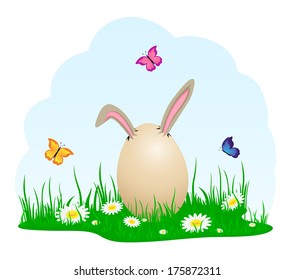 Easter egg with rabbit hares in the grass against the sky, illustration.