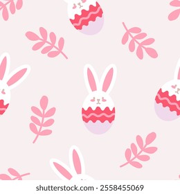 Easter egg and rabbit seamless vector pattern. Various painted eggs regular texture. Template design for cards, greetings, fabric, wrapping, textile, wallpaper, background, paper gift, phone case.