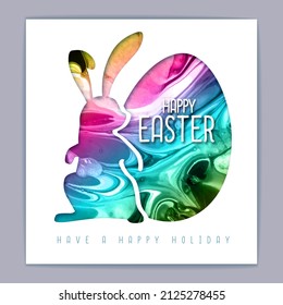 Huevo de Pascua y silueta de conejo con fondo de tinta alcohólica. Deja de lado el diseño de estilo de arte de papel. Tarjeta de felicitación de Pascua. Ilustración del vector