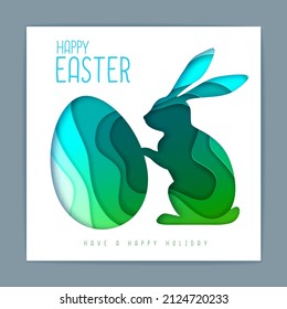 Easter egg and rabbit silhouette. Cut out paper art style design. Easter greeting card. Vector illustration