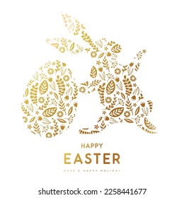 Ostereier und Kaninchensilhouette mit dekorativen Blumenverzierungen. Frohe Ostern-Feiertage-Hintergrund. Grußkarte oder Poster. Vektorgrafik