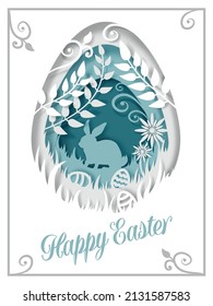 Huevo de Pascua con silueta de conejo, flores y hojas, ilustración vectorial en el estilo artesanal de arte de papel. Plantilla de diseño de tarjetas de felicitación de Pascua Feliz.