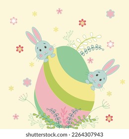 Easter egg with rabbits and flowers. The concept of the Easter holiday.
