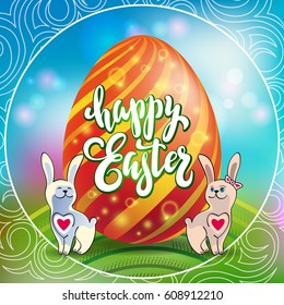 Easter egg and a rabbits on a green lawn with the hand drawn lettering Happy Easter