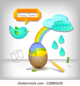Easter egg with rainbow and cutout paper elements, abstract background