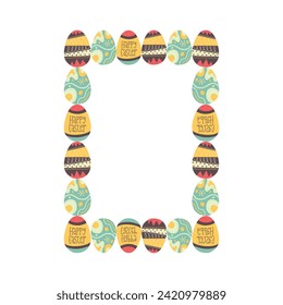 Easter egg rectangle frame design. Easter holiday egg hunt border in colorful flat style with ornaments. Modern wreath. Stock vector illustration card