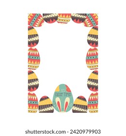 Easter egg rectangle frame design. Easter holiday egg hunt border in colorful flat style with brown ornaments. Retro wreath. Stock vector illustration card