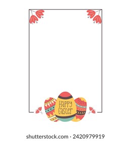 Diseño de marco rectangular de huevo de Pascua. Los huevos de las vacaciones de Pascua cazan el borde en un colorido estilo plano con adornos. Corona de flores de estilo retro. Tarjeta de ilustración vectorial de stock