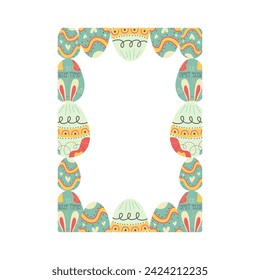 Easter egg rectangle frame design. Easter holiday egg hunt border wreath in colorful flat style with ornaments. Retro wreath. Stock vector illustration card.