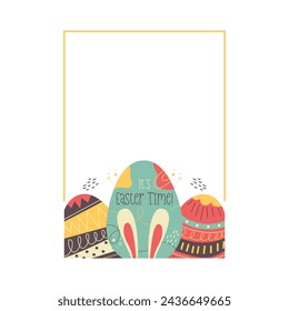 Easter egg rectangle frame design. Easter holiday egg hunt border in colorful flat style with ornaments. Retro wreath. Stock vector illustration card
