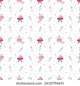 Easter egg with red bow and cute wild flowers seamless pattern, vector illustration, fabric, card, banner and more