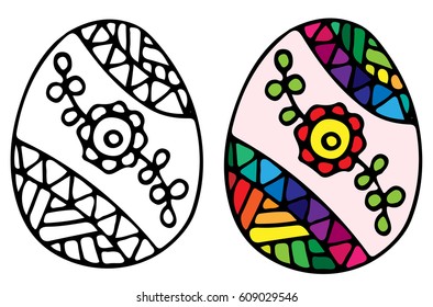 Easter egg with red flower and ornate pattern for coloring book for adult and design elements. Can be used for card, invitation, posters, texture backgrounds, placards, banners.