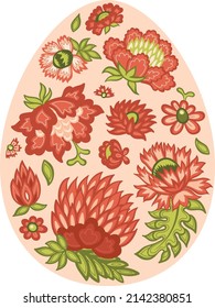 Easter Egg with red, pink and green floral elements on blush background, spring flowers vector illustrations