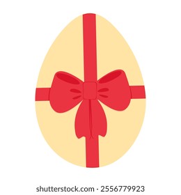 Easter Egg with red ribbon bow in trendy festive shades. Easter greeting card design element concept
