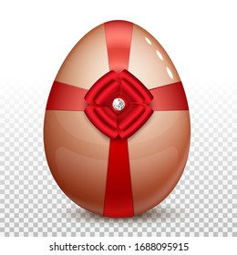 Easter egg with a red satin bow and a brilliant stone. Isolated on a transparent background. 3D vector illustration.