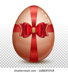 Easter egg with a red satin bow decorated with bright golden sparkles. Isolated on a transparent background. 3D vector illustration.