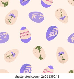 Easter egg repited pattern. Cute rustic handcrafted eggs with botanical elements. Minimalistic and elegant vector texture for textile design, wrapping paper, poster, background
