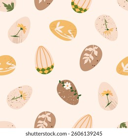 Easter egg repited pattern. Cute rustic handcrafted eggs with botanical elements. Minimalistic and elegant vector texture for textile design, wrapping paper, poster, background