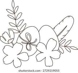 Osterei mit Band zwischen Blume, Blatt und Feder in sauberer Kontur gezeichnet. Symbol für Frühlingsfeier, Erneuerung und Segen für Gruß und Handwerk. Cartoon, Vektorgrafik.