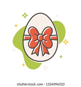 Easter egg with ribbon and bow concept in flat cartoon style. Filled outline icon design. Simple sign of Spring. Cute color symbol. Poster, banner, card design. Vector Illustration isolated on white