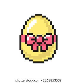 Easter egg with ribbon bow icon in pixel art style. Isolated on white background vector sign
