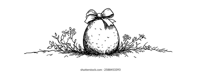 easter egg with a ribbon in flowers, hand-drawn illustration