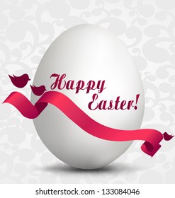 Easter egg with ribbon. Easter greetings card with egg and pink ribbon. Vector image. Happy Easter
