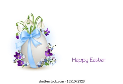 Easter egg with ribbon and spring flowers, snowdrops, violets and forget me nots,
Happy Easter greetings Card
Vector illustration isolated on white background
