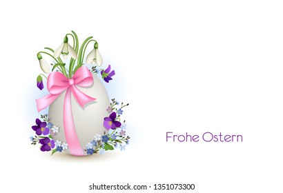 Easter egg with ribbon and spring flowers, snowdrops, violets and forget me nots, 
Happy Easter Card greetings in German „Frohe Ostern“,
Vector illustration isolated on white background
