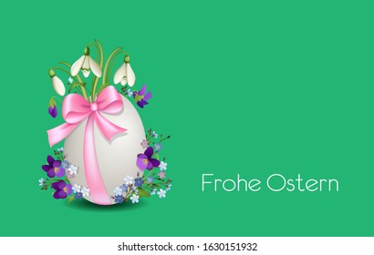 Easter egg with ribbon and spring flowers, snowdrops, violets and forget me nots,
Happy Easter Card greetings in German „Frohe Ostern“ translated „Happy Easter“,
Vector illustration isolated on green 