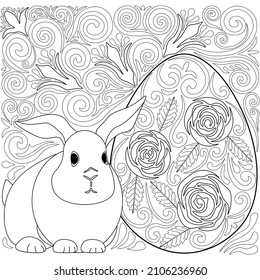 Easter egg, roses, flowers, rabbit, ornament, white background. Colouring page, line art, vector.